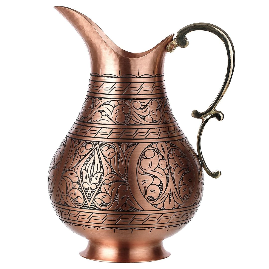 DEMMEX The Pitcher, jarra de cobre sólido de 1 mm feita à mão em cobre gravado jarro Ayurveda para beber água, Moscow Mule, coquetel (fosco gravado)