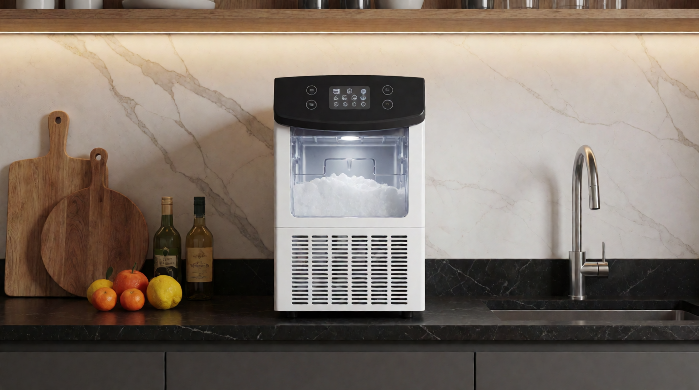 uma máquina de gelo compacta em uma bancada de cozinha moderna